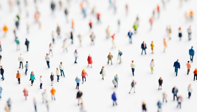 Focused image of miniature figures walking on a white background, representing crowd dynamics and social behavior.