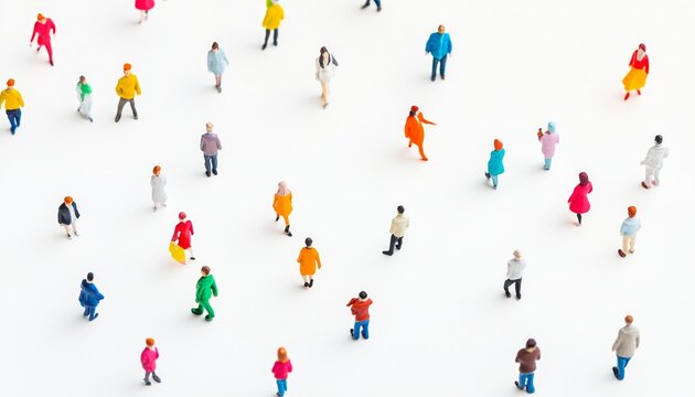 Colorful miniature figurines of people walking on a white background, representing diverse interactions and urban daily life.