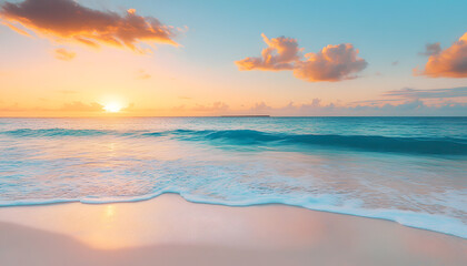 Fototapeta premium Crystal-clear turquoise waters with gentle waves lapping at a pristine beach under a golden sunset
