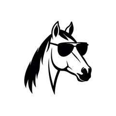 a black and white illustration of a horse's head. The horse is facing towards the right side of the image, with its head turned slightly to the left. It has a pair of sunglasses on its head