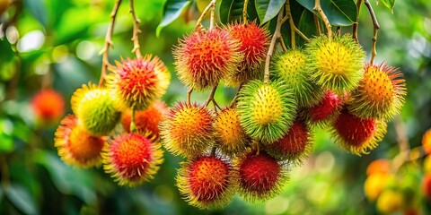 Ripe rambutan fruits in various stages of ripeness, each one a vibrant shade of red or yellow, hanging from green branches.