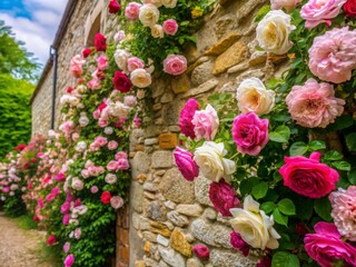 Vibrant blooms of pink and white roses spill over stonewalls in a lush, serene and romantic atmosphere