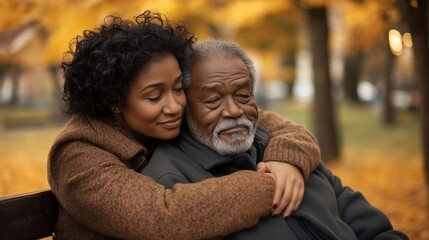 Fototapeta premium An elderly man and a young woman share a warm embrace on a park bench during an autumn day.