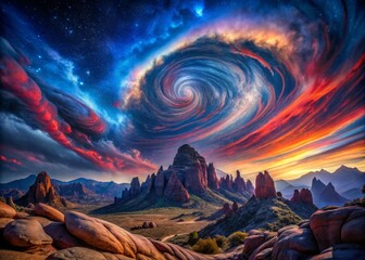 Swirling clouds of indigo and crimson envelop a barren mountainscape, textured brushstrokes evoking ancient rock formations, misty valleys, and starry night skies.