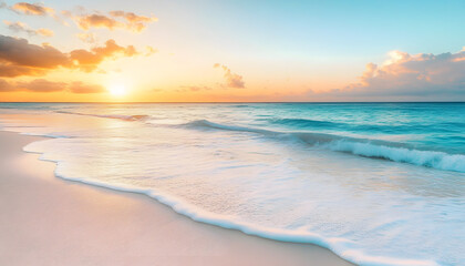 Fototapeta premium Crystal-clear turquoise waters with gentle waves lapping at a pristine beach under a golden sunset