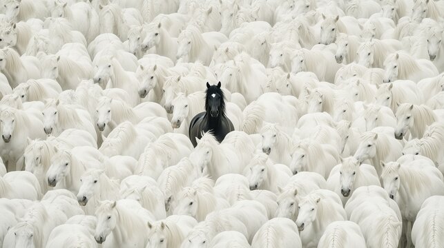 A single black horse stands out in a sea of white horses, symbolizing uniqueness and individuality in a crowd.