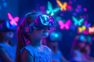 A young child in a classroom setting, wearing VR goggles and interacting with virtual Unicorn Fantasy fairytale world. Educational use of virtual reality technology.