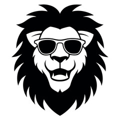 Obraz premium a black and white illustration of a lion's head. The lion has a fierce expression with its mane flowing in the wind. Its eyes are closed and its mouth is slightly open, as if it is snarling