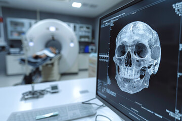Modern clinic, doctor and a patient doing MRI on the background, showcasing advanced brain tomography technology. Medical scan of the inside of a human skull displayed on a computer monitor