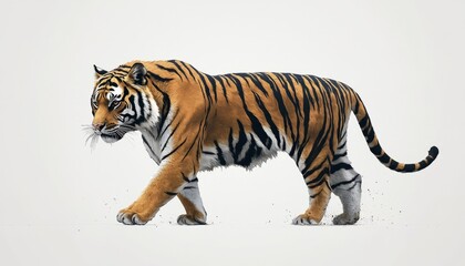 Naklejka premium Majestic Tiger Strolling on A Snowy White Background in Winter Scene