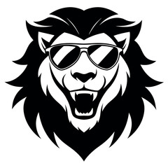 a black and white illustration of a lion's head. The lion has a fierce expression with its mane flowing in the wind. Its eyes are closed and its mouth is slightly open, as if it is snarling