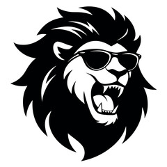 a black and white illustration of a lion's head. The lion has a fierce expression with its mane flowing in the wind. Its eyes are closed and its mouth is slightly open, as if it is snarling