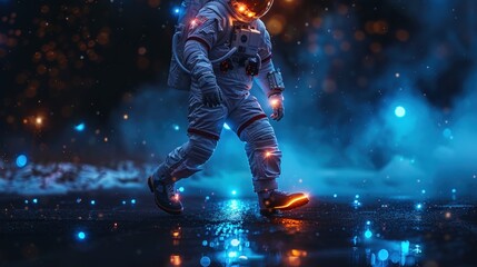 Fototapeta premium Astronaut in a futuristic space environment with glowing lights and smoke.