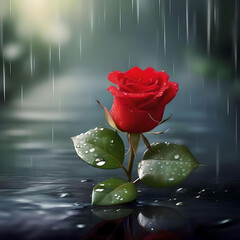 A single red rose adorned with raindrops glistening in the rain showcasing its vibrant color and delicate petals. generated ai
