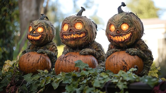 Three grotesque pumpkin-headed creatures with glowing eyes and teeth sit atop a display of pumpkins and greenery. The creatures have a sinister and eerie expression, with their twisted, leafy bodies a - Powered by Adobe