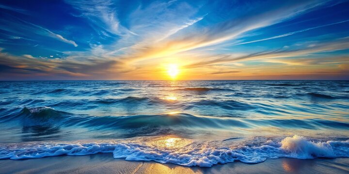 "Warm ocean breeze on a calm summer evening, depicted as a soothing blue background with soft white crepe waves and sun setting on horizon."