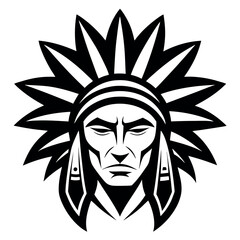 a black and white illustration of a Native American Indian headdress. The headdress is made up of large, feather-like feathers that are arranged in a traditional headdress
