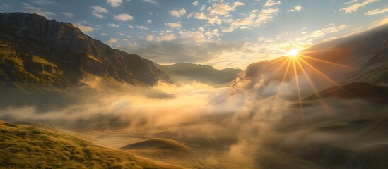 Obraz premium A tranquil mountain valley with rolling fog and scattered clouds, the sun breaking through and casting a soft, golden light across the misty landscape.