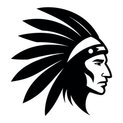 a black and white illustration of a Native American Indian headdress. The headdress is made up of large, feather-like feathers that are arranged in a traditional headdress