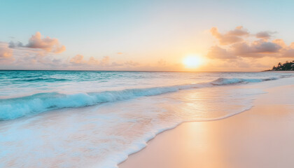 Fototapeta premium Crystal-clear turquoise waters with gentle waves lapping at a pristine beach under a golden sunset