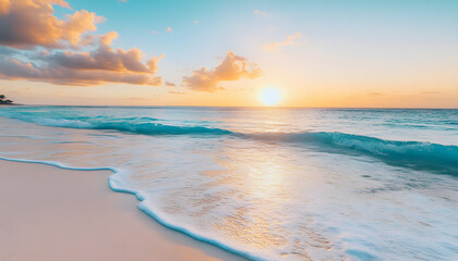 Fototapeta premium Crystal-clear turquoise waters with gentle waves lapping at a pristine beach under a golden sunset