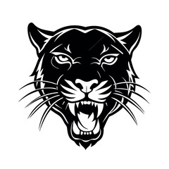 a black and white illustration of a panther's head. The panther is facing towards the right side of the image, with its mouth open wide and its teeth bared