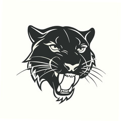 a black and white illustration of a panther's head. The panther is facing towards the right side of the image, with its mouth open wide and its teeth bared