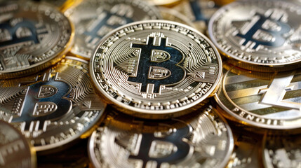 Electronic decentralized money concept. Digital crypto coin. Bitcoin on a digital network background. Cryptocurrency and modern blockchain technology. 