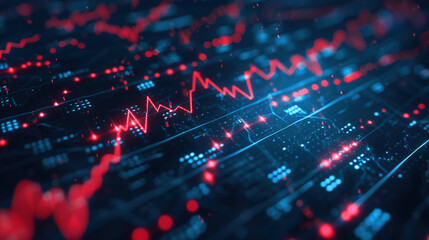 Fototapeta premium Oscillating red trend line graph on a blue financial chart. Market fluctuations and data analysis in a digital environment, investing in stock, earning and losing money concept