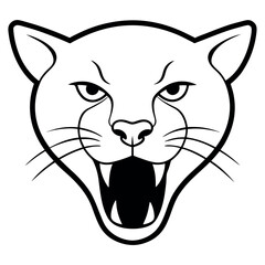 a black and white illustration of a panther's head. The panther is facing towards the right side of the image, with its mouth open wide and its teeth bared