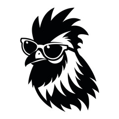 a black and white illustration of ‍a Rooster with sunglasses. its wings spread out and its head facing towards the left side of the image. It has a pair of sunglasses on its face