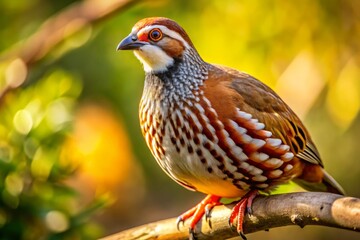 Fototapeta premium A rust-colored French partridge bird sits perched on a tree branch, its distinctive white stripe above the eye shining in the warm sunlight.