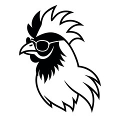 a black and white illustration of ‍a Rooster with sunglasses. its wings spread out and its head facing towards the left side of the image. It has a pair of sunglasses on its face