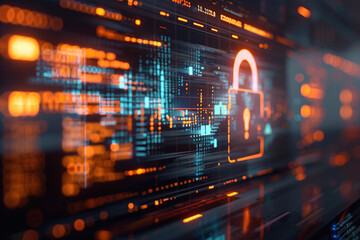 Obraz premium Internet networking protection security system cybersecurity concept. Electronic circuit futuristic neon padlock on the computer screen. Cyber, personal data, privacy information security