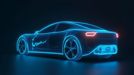 A futuristic blue neon outline of a sleek sports car against a dark background, showcasing modern automotive design.