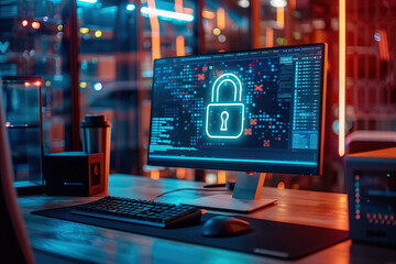 Electronic circuit futuristic neon padlock on the computer screen. Cyber, personal data, privacy information security. Internet networking protection security system cybersecurity concept