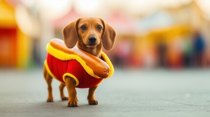 Cute dachshund puppy in a hot dog costume with a colorful blurred background. Perfect for pet, funny costume, and dog lover themes.
