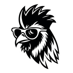 a black and white illustration of ‍a Rooster with sunglasses. its wings spread out and its head facing towards the left side of the image. It has a pair of sunglasses on its face