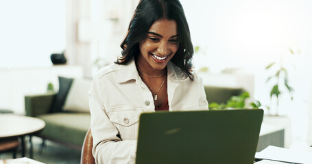 Business woman, working and laptop in office with public relations email and press release update....