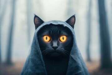 Mysterious black cat with glowing eyes wearing a hooded cloak in a foggy forest, creating an eerie...