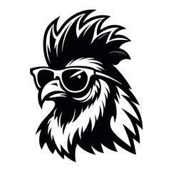 a black and white illustration of ‍a Rooster with sunglasses. its wings spread out and its head facing towards the left side of the image. It has a pair of sunglasses on its face