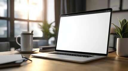 Fototapeta premium A modern workspace featuring a laptop, coffee cup, and plant, creating an inviting atmosphere for productivity and creativity.