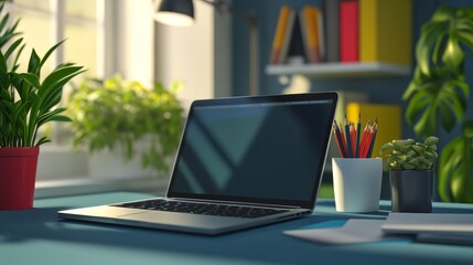 Fototapeta premium A modern workspace featuring a laptop, greenery, and organized stationery, perfect for home office inspiration and productivity.