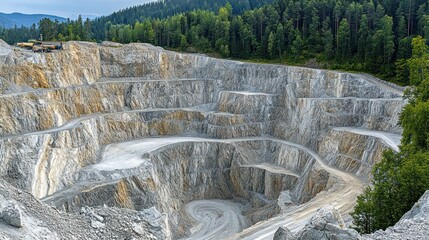 A large quarry with layered rock formations and machinery in a forested landscape.