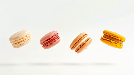 Obraz premium Advertisement of french sweets. Appetizing different taste macaroons fly in the air isolated on light white background. French dessert macaroon levitating in the air