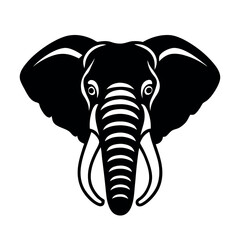 a black and white illustration of an elephant's head. The elephant has a large trunk with two tusks on either side. The head is facing towards the left side of the image and its eyes are large