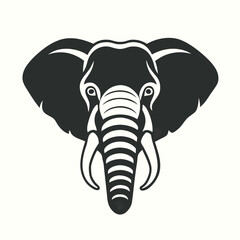 a black and white illustration of an elephant's head. The elephant has a large trunk with two tusks on either side. The head is facing towards the left side of the image and its eyes are large