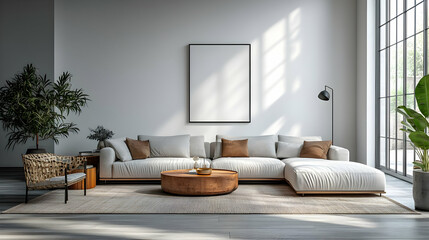 Modern Living Room Design with White Sofa and Wooden Coffee Table
