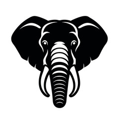 a black and white illustration of an elephant's head. The elephant has a large trunk with two tusks on either side. The head is facing towards the left side of the image and its eyes are large