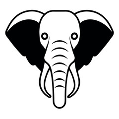 a black and white illustration of an elephant's head. The elephant has a large trunk with two tusks on either side. The head is facing towards the left side of the image and its eyes are large